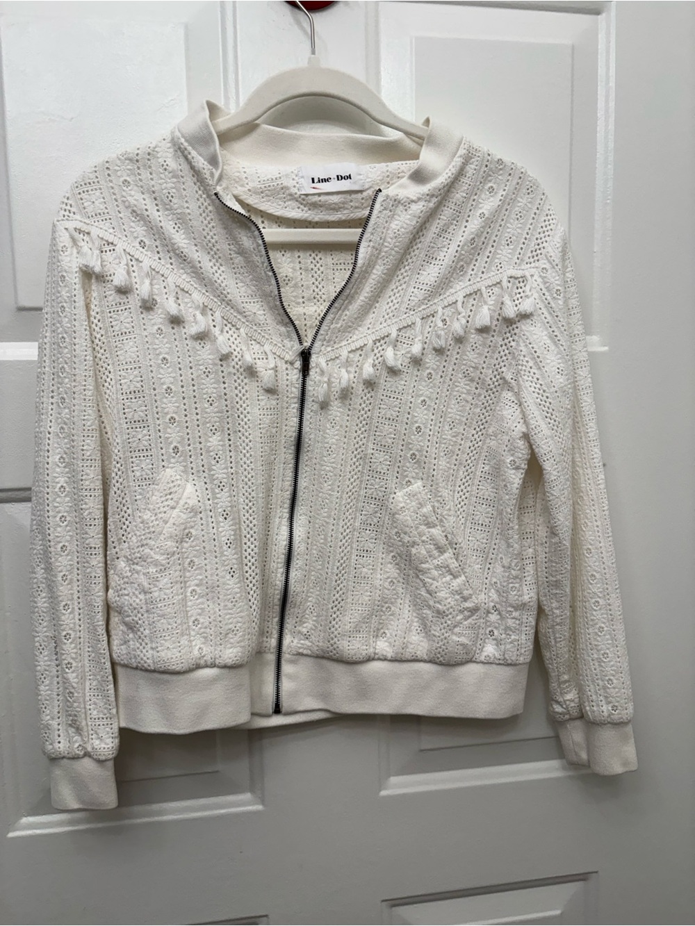 Line & Dot Ivory Crochet Bomber Jacket with Tassel Trim